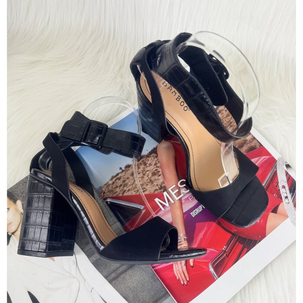 Women's Bamboo Milestone Croc Accent Ankle Strap Chunky Block Heel Sandals Black